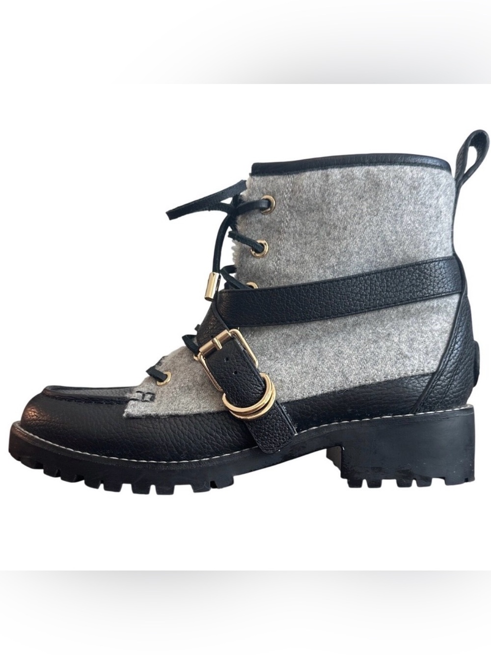 Tory Burch Kensington Shearling Felt Leather Combat Boots Grey Black 8.5